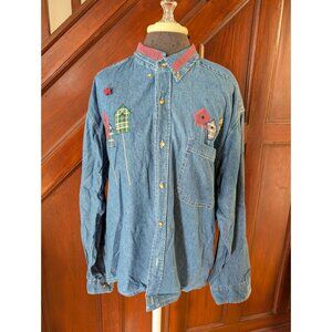 Faded Glory Denim Button-Up Shirt Birdhouse Embroidery Butterfly Accent Womens L